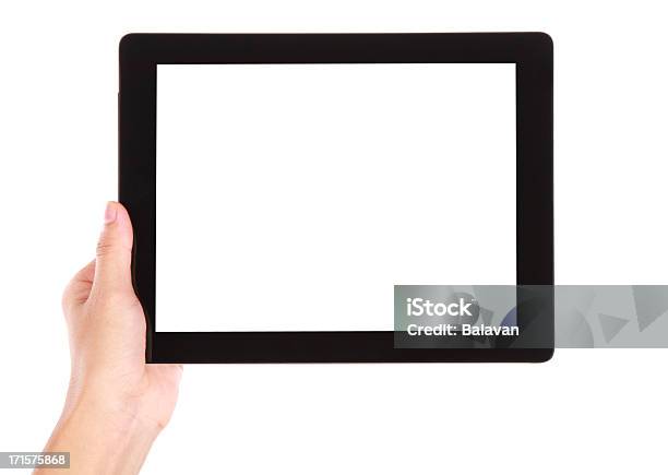손으로 쥠 맹검액 스크린 디지털 태블릿 흰색 배경의 태블릿에 대한 스톡 사진 및 기타 이미지 - 태블릿, 컷아웃, 손 잡기