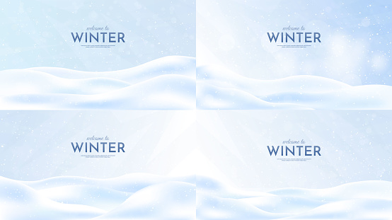 Vector illustration. Flat landscape. Snowy background. Snowdrifts. Snowfall. Clear blue sky. Blizzard. Cartoon wallpapers set. Cold weather. Winter season. Minimal backgrounds collection