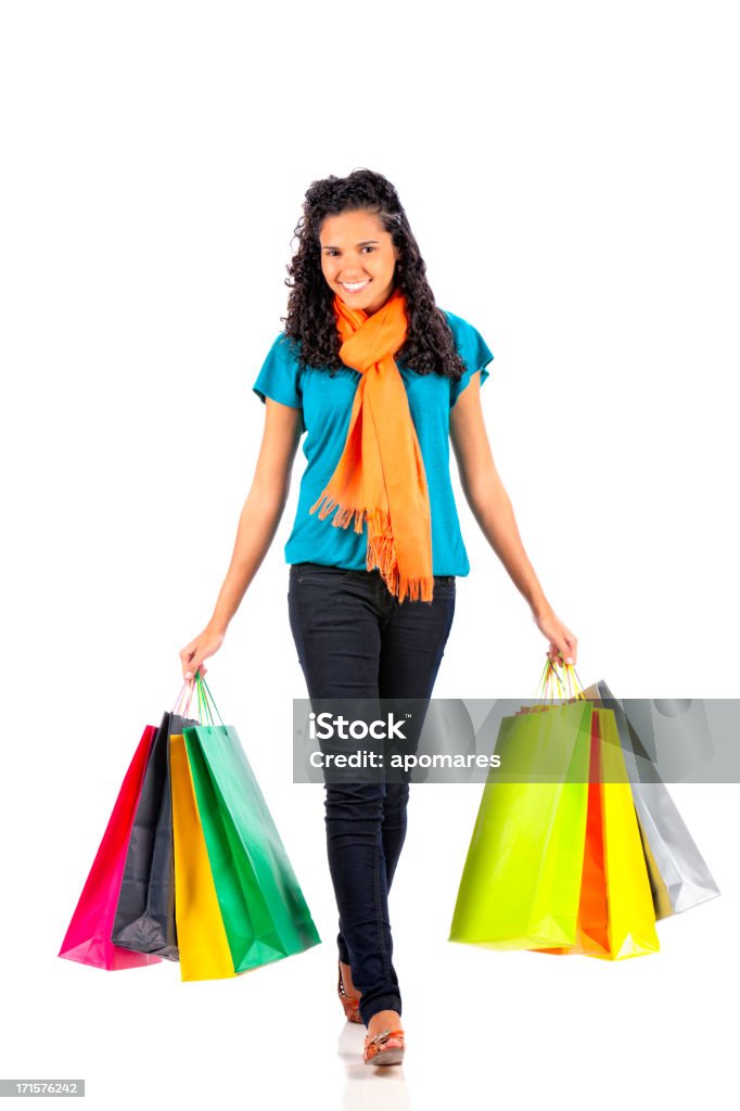 Jovem mulher feliz com sacos de compras sobre fundo branco - Royalty-free Comércio - Consumismo Foto de stock