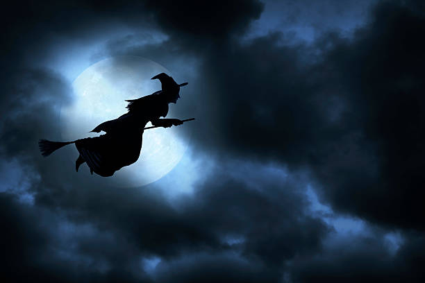 Halloween Witch Witch flying on broom on spooky Halloween night.To see more of my Halloween images, click on the link below: broom photos stock pictures, royalty-free photos & images