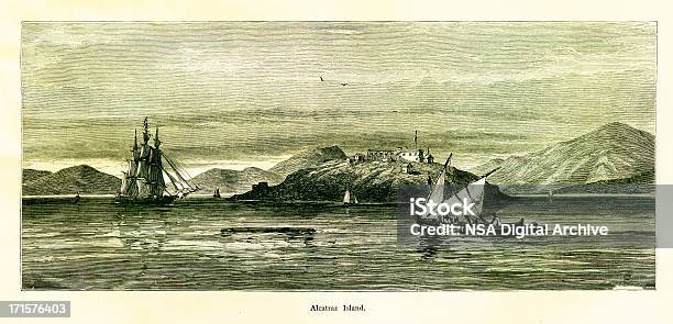 Ilustración de La Isla De Alcatraz California Madera Marcas Grabadas y más Vectores Libres de Derechos de Agua