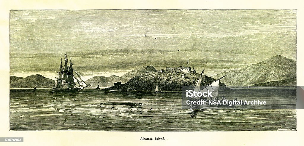 Isola di Alcatraz, California, legno incisione (Anno 1872) - Illustrazione stock royalty-free di Acqua