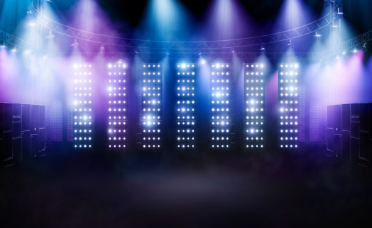 An empty high detailed concert stage with vivid purple and blur colors. 3D generated image.