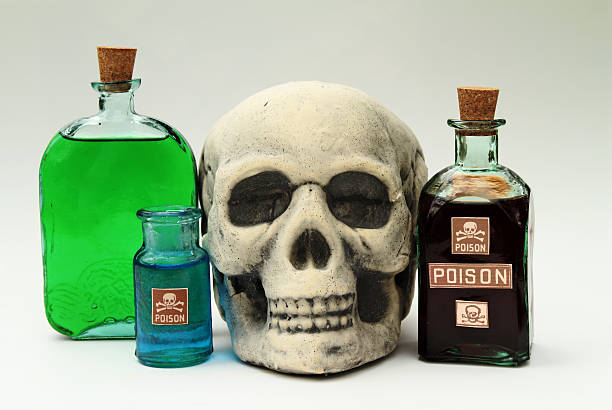 Colored liquids in old bottles surround a skull. Two bottles are labeled as poison.