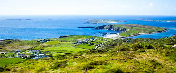 Beautiful view of the Atlantic Ocean in the region of Connemara in Ireland. Photo taken with a tilt shift lens from the famous Sky Road near the town of Clifden.