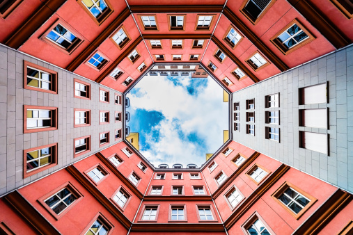 Octagonal courtyard of Quartier Schutzenstrasse by Aldo Rossi in Berlin, Germany.