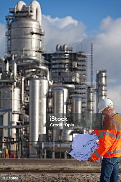 Petrochemical Inspector With Drawing Stock Photo - Download Image Now - Chemical Plant, Engineer, Oil Refinery