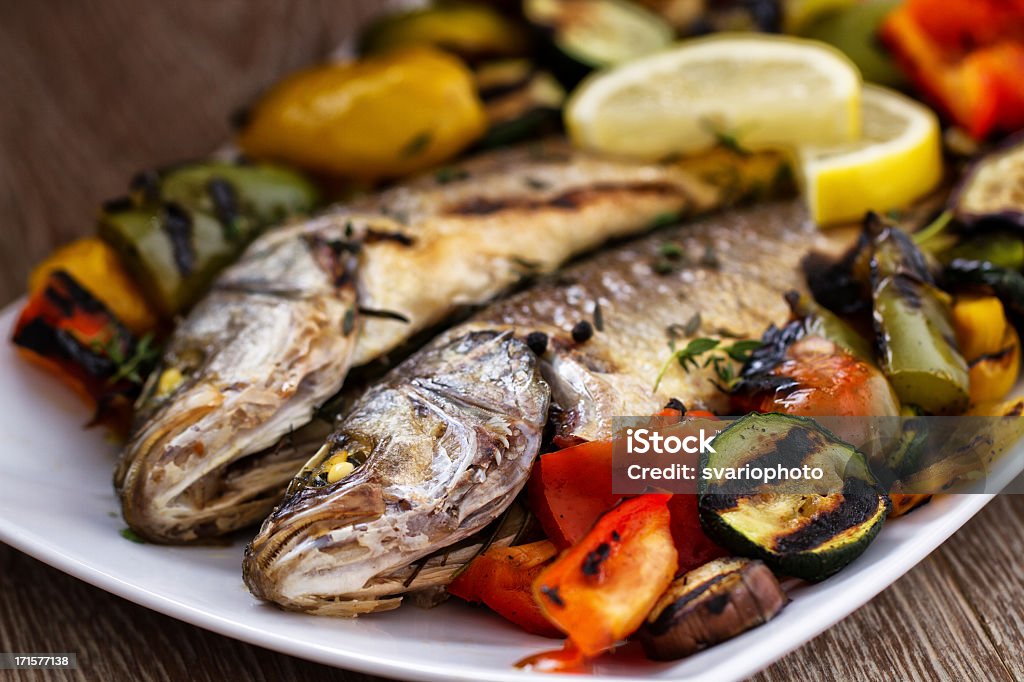 Sea bass with grilled vegetables Fish Stock Photo