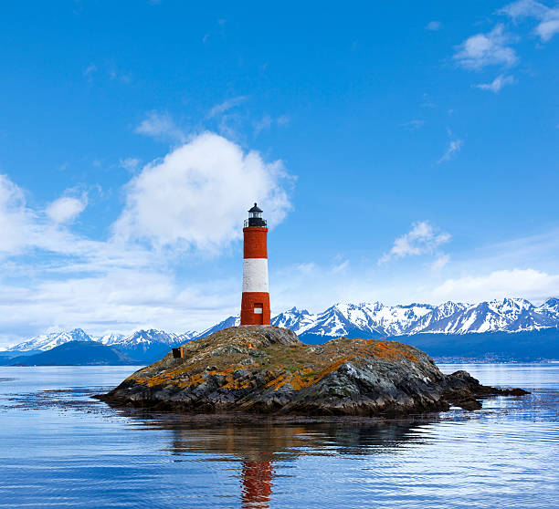Argentina Ushuaia bay at Beagle Channel with Les Eclaireurs Lighthouse  tierra del fuego province argentina stock pictures, royalty-free photos & images