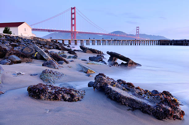 manhã crepúsculo paisagem com ponte golden gate, são francisco, eua - beach architecture golden gate bridge night - fotografias e filmes do acervo