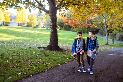 Eurasian elementary age brothers carry their skateboards and cheerfully talk while walking to school together through a public park on a beautiful Autumn day.