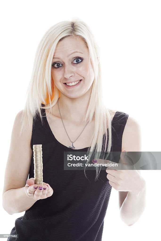 Jolie fille avec des tas de pièces de monnaie - Photo de Objet ou sujet détouré libre de droits