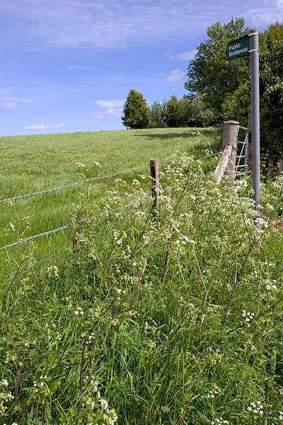 England, Gloucestershire, public footpath sign pointing across a field up hill to horizon