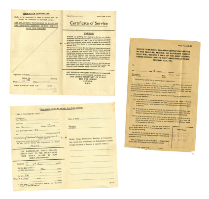 Two British National Service documents issued to a soldier finishing his service in 1957. One is a Certificate of Service (front and back) and the other gives notice that the ex-serviceman will become part of the Reserve force. This soldier served with the Royal Army Medical Corps (RAMC) and the Territorial Army (TA). (Personal details removed.)