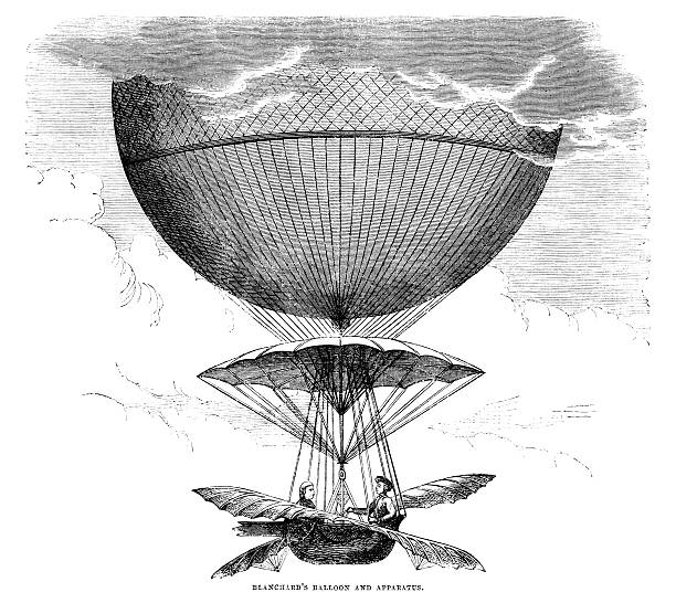 Blanchard's balloon and apparatus The French balloonist Jean Pierre Blanchard in his balloon, which had flapping wings. From aAThe Leisure HouraA, a British aJournal of Instruction and RecreationaA. This edition was published in May 1864. black and white balloons stock illustrations