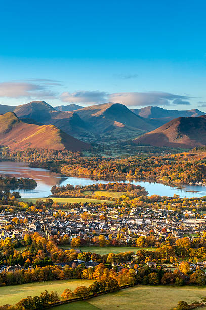 Keswick and Derwent Water, Lake District View of the small town of Keswick on the shores of Derwent Water in the Lake District National Park. english lake district photos stock pictures, royalty-free photos & images