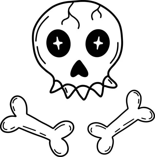Vector illustration of A hand-drawn illustration of a skull and bones for Halloween. Vector illustration of a skull and bones on a transparent background. Black and white illustration.