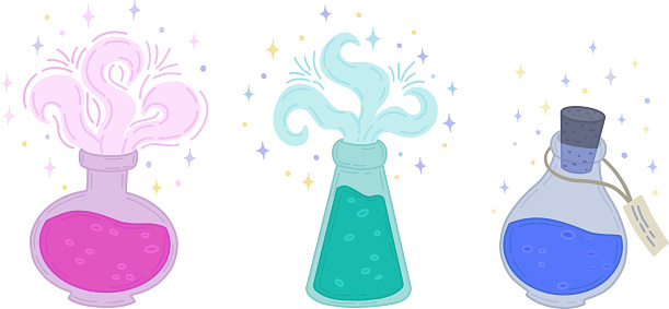 Bottles of magic potions. An alchemical elixir. A magical substance. Game inventory. Magic containers for drinks. Cans of poisonous drinks. Flasks with magic liquid. Vector witchcraft