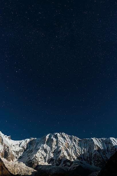 istock Stars shining in night sky above snowy moonlit mountains 171577994