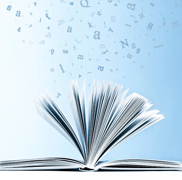 istock Open book with flying, scattered letters isolated on blue background 171578191
