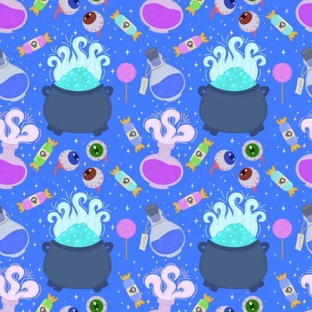Vector illustration of Vector seamless pattern for Halloween. Icons with potions, eyes, candies, lollipops for Halloween. Design elements, posters, book cover backgrounds, desktop wallpapers, design, graphics, invitations.