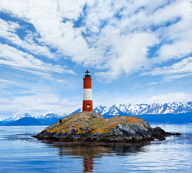 Argentina Ushuaia bay at Beagle Channel with Les Eclaireurs Lighthouse  tierra del fuego archipelago stock pictures, royalty-free photos & images