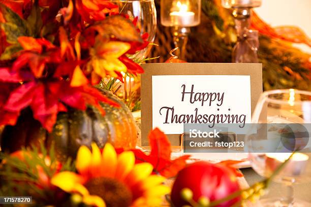 Happy Thanksgiving Place Setting Autumn Flower Centerpiece Table Stock Photo - Download Image Now