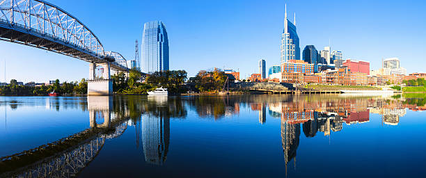 Nashville Skyline reflected in the Cumberland River Panoramic view of Downtown Nashville during a beautiful early morning. nashville skyline stock pictures, royalty-free photos & images