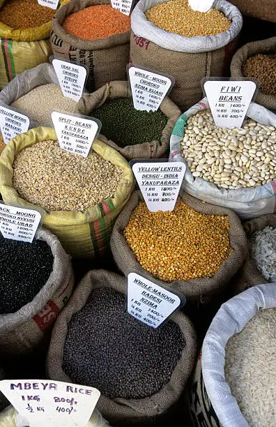 Tanzania, Zanzibar, Stonetown, grains in market.