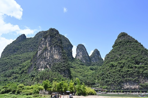 China,Guilin,Yangshuo county.\nBeautiful Lijiang River,is the world's largest and most beautiful karst landscape scenic resort.\nLijiang River along the karst peak forest landform,continuous,\ndifferent forms,very spectacular.