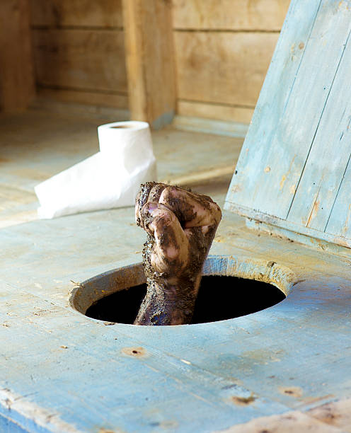 Dirty Hand in Outhouse Toilet. A dirty hand reaches upward from the hole in an outhouse toilet. outhouse interior stock pictures, royalty-free photos & images