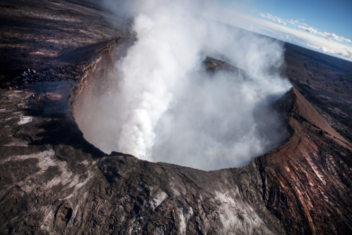 Volcanoes National Park, aerial view of active volcano.