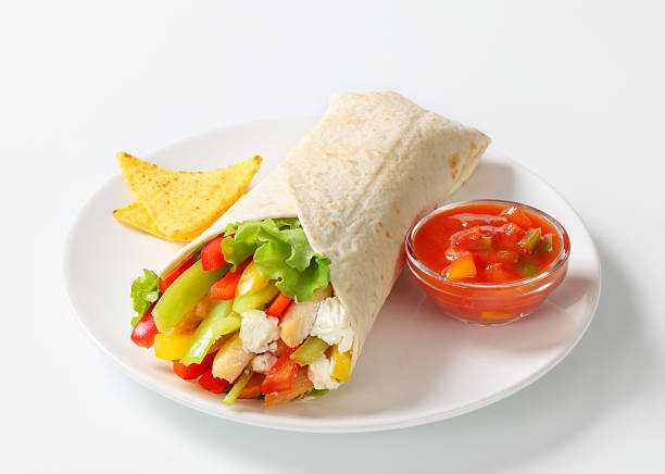istock mexican fajitas (tortilla wrap) on a white plate 171579188