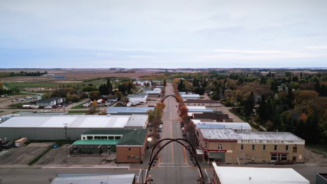 A Wide Angle Drone Shot of the Northern Canadian Landscape a Small Rural Town Skiing Fishing Village Main Street View Arches in Asessippi Community in Binscarth Russell Manitoba Canada
