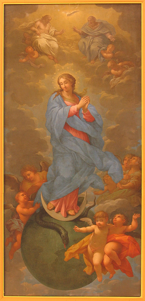 San Gregorio a Sassuolo, Lazio, Italy: Vergin Mary and the Most Holy Trinity. Painting on the ceiling of the Chiesa di S. Maria Nuova (about XVII c.)