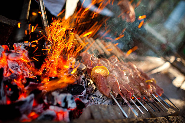 Kebabs on barbecue kebabs on barbecue. shallow dof and vibrant colors. kitchen on fire stock pictures, royalty-free photos & images