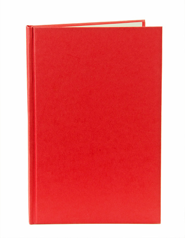 A vertical worn red book cover  with copy space. White background