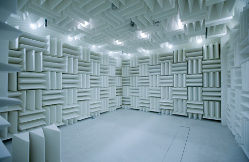 Acoustic baffles form the walls of this recording and testing studio.
