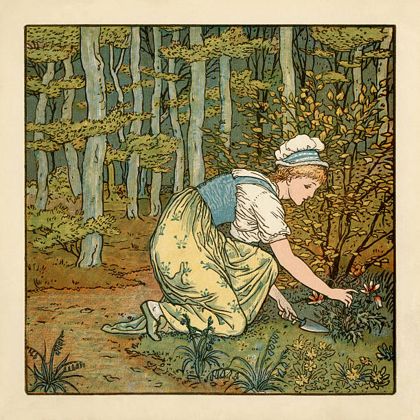 młoda kobieta ogrodnictwo - engraving women engraved image british culture stock illustrations