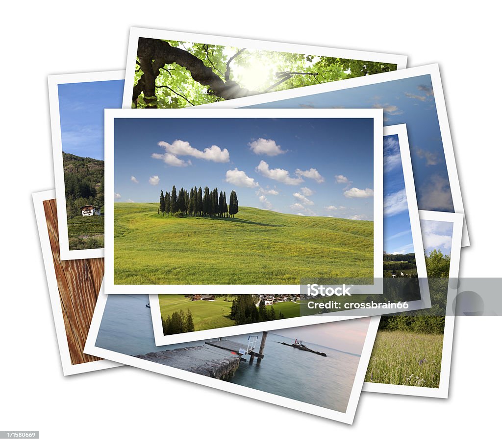 stack of nature and holiday photos stack of nature and holiday photos with empty on top - on white background with drop shadow. clipping path included for the photo on top and for the entire stack for easy inclusion of your own photo. Photograph Stock Photo