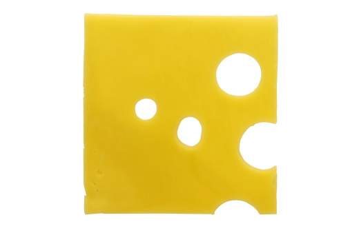 Slice of cheese with holes. Isolated on white with clipping paths.