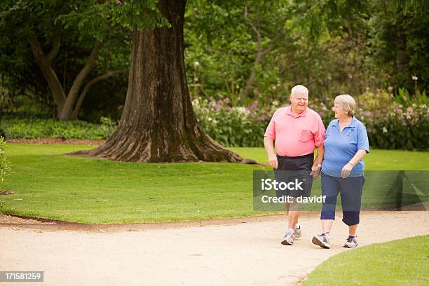 Senior Pareja Caminando En Un Parque Foto de stock y más banco de imágenes de Gordo - Complexión - Gordo - Complexión, Andar, Tercera edad