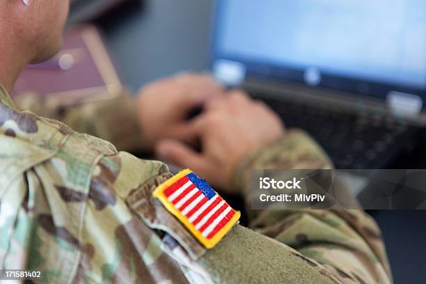 American Soldier Working On Laptop Stock Photo - Download Image Now - Military, US Military, Government