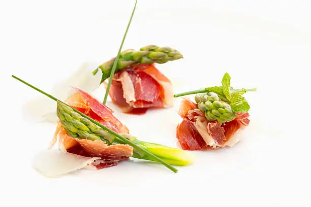 Image of Prosciutto Ham appetizer with cheese and asparagus.
