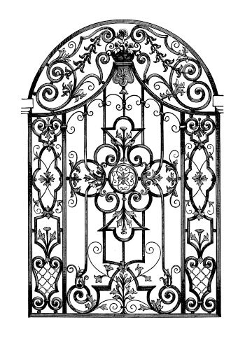 A decorative gate, part of blacksmith artwork illustration series. Published in Systematischer Bilder-Atlas zum Conversations-Lexikon, Ikonographische Encyklopaedie der Wissenschaften und Kuenste (Brockhaus, Leipzig) in 1875.