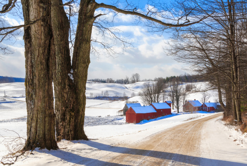 snowy New England countryside, dirt road, farm, and farm buildings in the winter