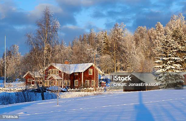 Sueco Idílica Rojo Contra Un Bosque De Invierno Foto de stock y más banco de imágenes de Invierno - Invierno, Nieve, Rojo