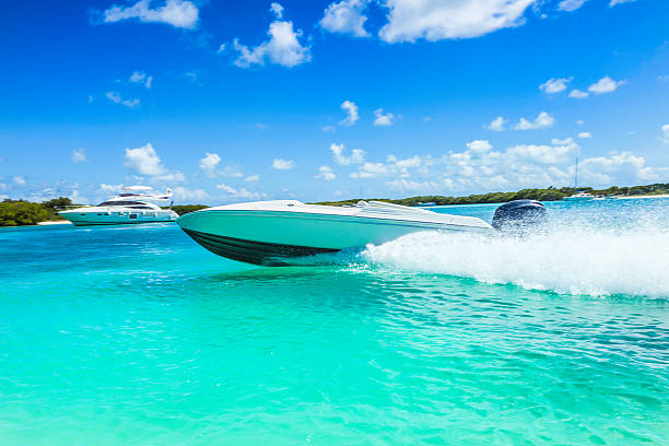 A Small motorboat on the ocean in Key Biscayne, Florida with a hazy sky