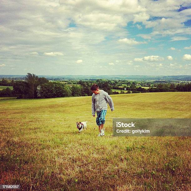 Junge Mit Hund Auf Wiese In Oxfordshire England Stockfoto und mehr Bilder von 10-11 Jahre - 10-11 Jahre, Anhöhe, Domestizierte Tiere