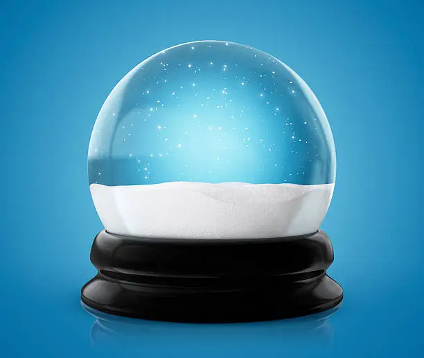 Winter snow globe against a cold blue background with glittering snowflakes. High detailed, centered with HDRI lightening. With Clipping Path included for easily extraction if needed.